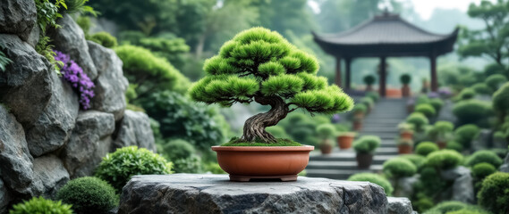 vibrant green bonsai tree sits on a grey stone in a tranquil setting