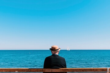 Elderly man in hat gazes at sea from bench, relaxing on a sunny day