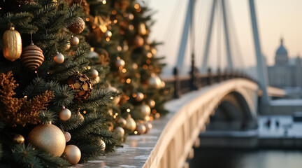 close-up of a decorated christmas tree with golden and brown ornaments set against a blurred city bridge backdrop.