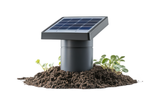 Solar panels on a roof with green plants growing in pots and soil, representing nature, growth, and sustainability in a garden setting - Powered by Adobe