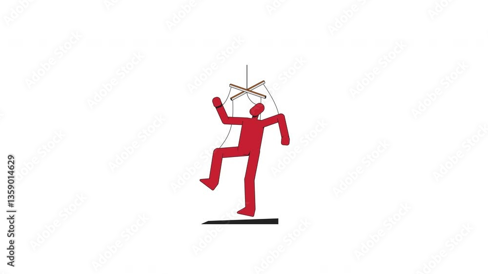 Poster red puppet lifted by strings in unbalanced pose 2d character animation. psychological controlled han