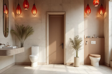 Fototapeta premium modern bathroom interior with neutral tones plants and red pendant lights