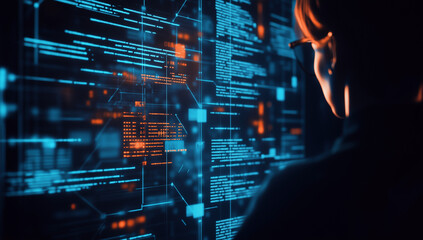 NIS2 EU Cybersecurity Directive Concept, Programmer Analyzing Digital Data Streams Futuristic Interface Cybersecurity Coding Software