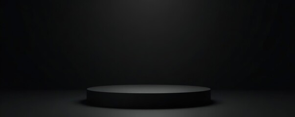 A sleek black empty podium stands out against a dark black background,  stage,  display