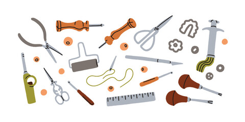 Crafting tools set. DIY supplies for handiwork, needlework. Needlecraft, handwork equipments. Artisans accessories, scissors, awl, needle, knife. Flat vector illustration isolated on white background