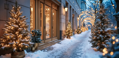snow-covered street scene at night with illuminated christmas trees and warm lighting creating a festive atmosphere.