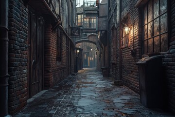 Fototapeta premium Exploring Moody Alleyway with Vintage Street Lamps and Wet Cobblestones