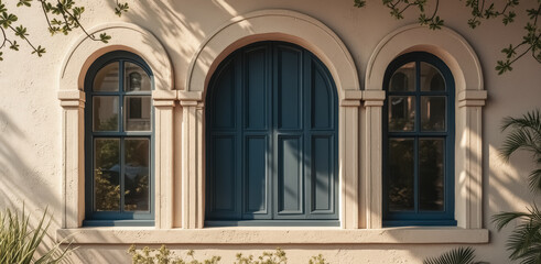 Fototapeta premium three arched windows and a central teal door on a beige stucco wall
