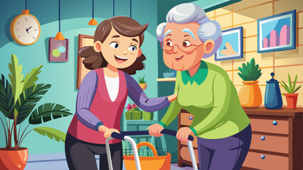 Caretaker helping elderly woman with walking frame indoors