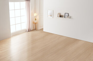 Empty the luxury modern room with a large window and natural light, shadowy room walls, and a blank...