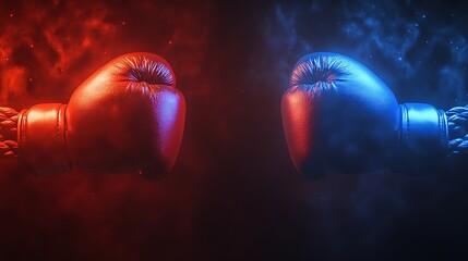 Red and blue boxing gloves facing off in smoky arena.