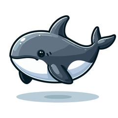 Fototapeta premium Cute cartoon baby orca whale with floating shadow, simple design. Perfect for marine education materials and ocean conservation awareness.