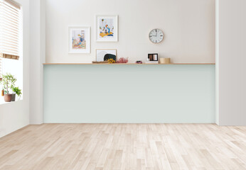 Empty the luxury modern room with a large window and natural light, shadowy room walls, and a blank wooden parquet floor.