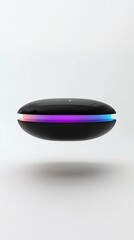 Futuristic disc-shaped device with RGB light, levitating on white background; tech product shot