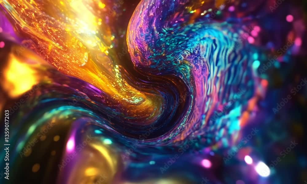 Poster a vibrant, swirling abstract scene filled with luminous colors and shimmering textures that create a