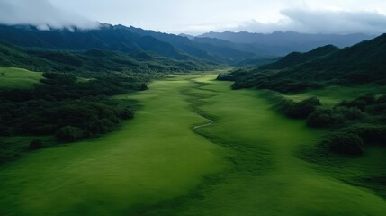 Fototapeta premium Lush valley, verdant, scenic, mountainous, green, aerial view. Tranquil, nature, scenic landscape
