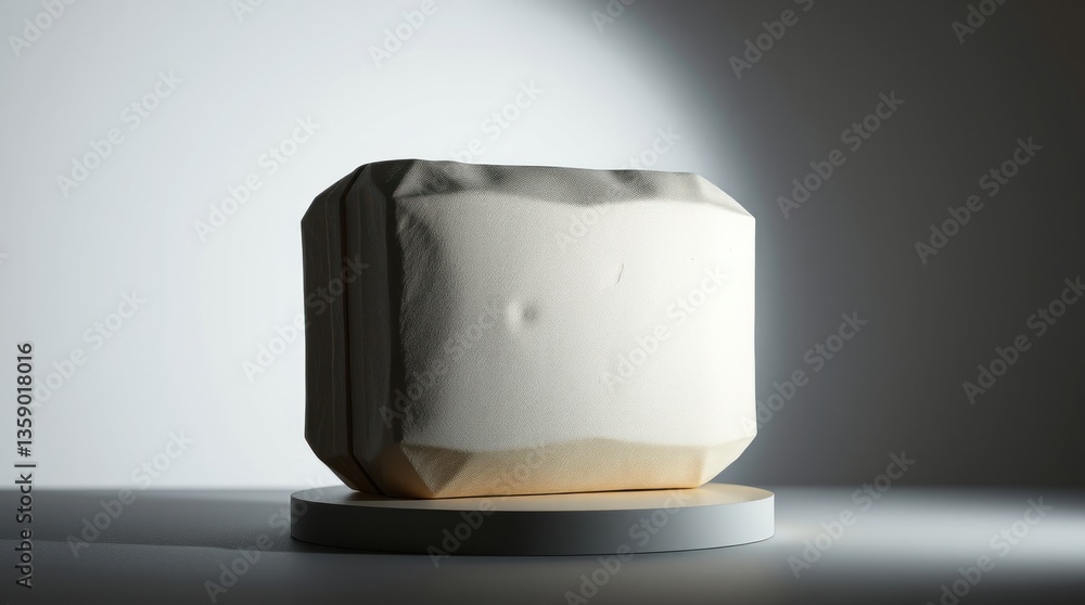 Poster rectangular sculpture with faceted edges sitting on a round platform