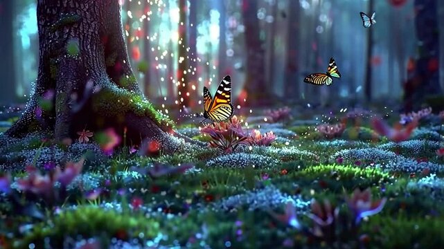 Enchanted Forest: A whimsical scene unfolds within a magical forest, featuring vibrant butterflies fluttering amidst lush foliage and glowing light particles, evoking a sense of wonder and fantasy.
