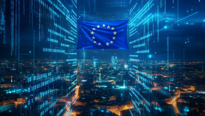 NIS2 EU Cybersecurity Directive Concept, European Union Flag Over Digital Cityscape at Night Binary Code Data Technology