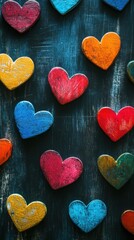 Obraz premium Colorful Wooden Hearts on Dark Background
