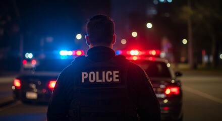 Nighttime Police Officer, Emergency Lights, City Street, Crime Scene Investigation