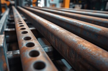 Stacked, rusted metal pipes with drilled holes