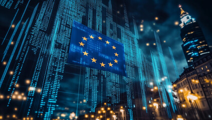 NIS2 EU Cybersecurity Directive Concept, European Union Digital Flag on Futuristic Cityscape at Night Data Streams Technology