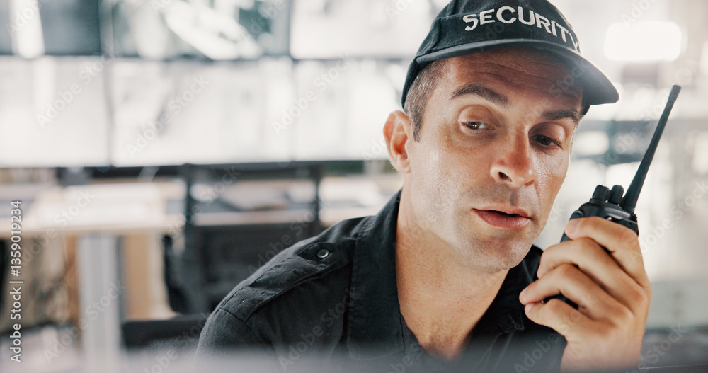 Aufkleber Security, computer and man with radio, surveillance and communication for backup, tech and control room. Protection, bodyguard and person with footage for observation, talking and thinking of safety