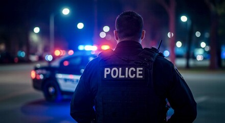 Nighttime Police Officer, Crime Scene, Emergency Response, Flashing Lights, City Street, Law Enforcement, Uniform, Back View, Darkness, Duty