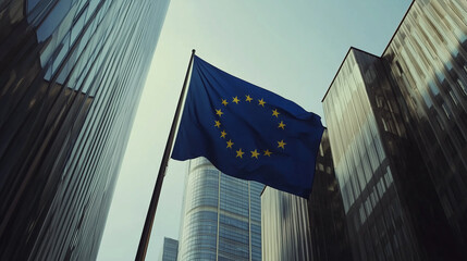 NIS2 EU Cybersecurity Directive Concept, European Union Flag Waving Between Modern Skyscrapers International Business District