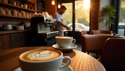 Enjoying Freshly Brewed Coffee in a Cozy CafÃ© Setting with Warm Light