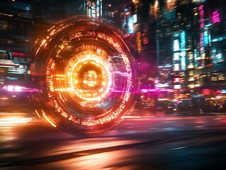 Fototapeta premium Circular Glowing Data Hub in a High Tech Urban Nightscape Concept