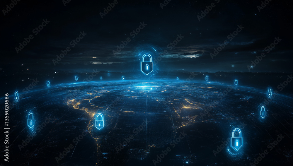 Aufkleber nis2 eu cybersecurity directive concept, global cybersecurity network digital locks protecting world