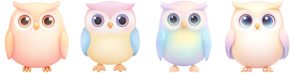 Fototapeta premium Cute cartoon animals and owl friendly, Four cute and colorful cartoon owls with various pastel shades and big eyes, showcasing playful designs and expressions.