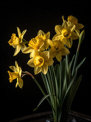Obraz premium A striking bouquet of daffodils illuminated by a soft, directional light, casting gentle shadows against a deep black background. The bright yellow petals contrast beautifully with the darkness
