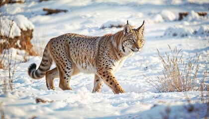 Obraz premium Majestic Lynx in Snowy Landscape, Wild Lynx in Snow, Snow-Covered Terrain, Lynx in Winter Wilderness, Beautiful Snow Scene, Winter Wildlife, Lynx in the Cold, Winter Animal in Snow