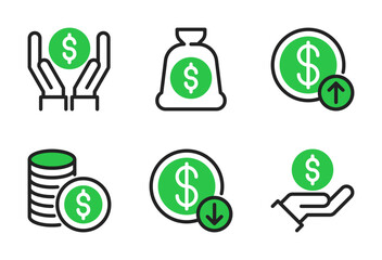 Investment icon set, vector, in outline color style for banking, finance, money, economy, business, etc