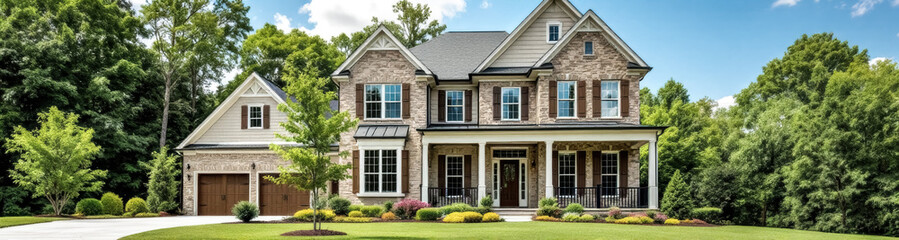 luxurious family home with stone facade and lush greenery