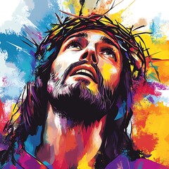 Jesus christ good friday Vivid illustration of a figure with a crown, expressing emotion and spirituality through vibrant colors.