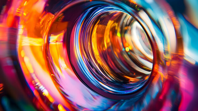 A detailed close-up of a camera lens capturing vibrant and colorful reflections, symbolizing the art and passion of photography