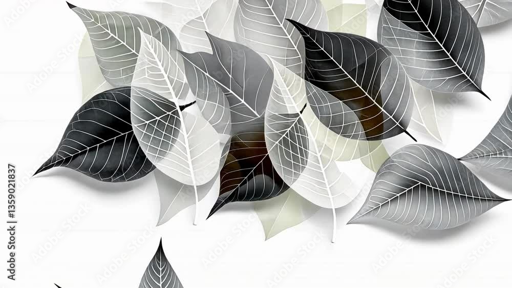 Poster monochrome leaf harmony: an elegant composition of grayscale leaves, overlapping with delicate trans