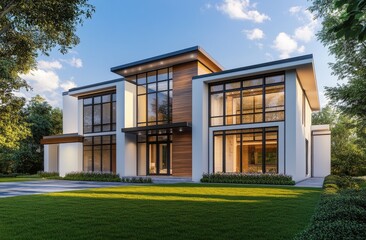 Modern luxury home exterior, featuring a spacious design with large windows, contemporary architecture, and landscaping