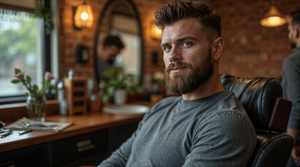 Obraz premium A stylish man with a beard and styled hair sitting in a chair in a barbershop.