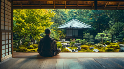 Landscape with a Japanese garden, a temple and a monk meditating from behind