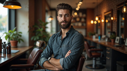 Fototapeta premium A stylish man with a beard and styled hair sitting in a chair in a barbershop.