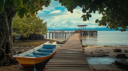 Fototapeta premium serene tropical beach scene with wooden pier and boat