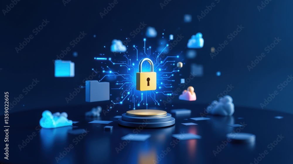 Poster a digital representation of a secure lock amidst cloud icons, symbolizing cybersecurity and data pro