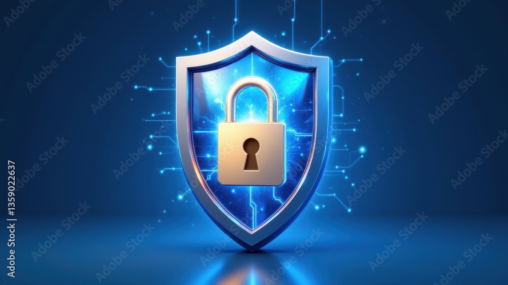 Poster a digital shield featuring a padlock symbolizes cybersecurity, protecting data with a futuristic des