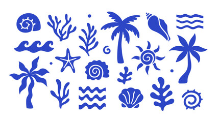 Abstract modern vector sea ocean vacation elements in simple wavy and groovy naive style. Design vintage trendy templates