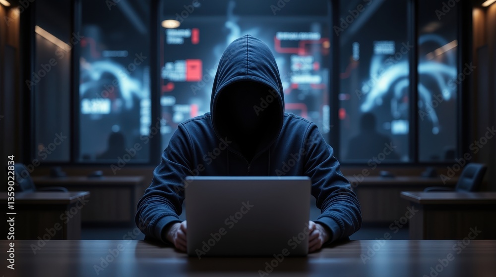 Poster a mysterious figure in a hoodie sits at a desk, focused on a laptop with digital screens displaying 